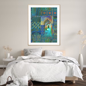 Arch within Arches, Middle Eastern, Persian Turkish, Indo Pak Architecture, Blue Turquoises, Living Room, Moroccan Décor, Bohemian, Eid Gift image 6