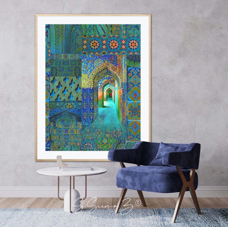 Arch within Arches, Middle Eastern, Persian Turkish, Indo Pak Architecture, Blue Turquoises, Living Room, Moroccan Décor, Bohemian, Eid Gift image 2