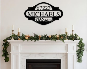 Placa de boas-vindas personalizada com número de endereço, decoração de entrada em metal personalizada, placa de porta com nome da família para valorizar a fachada, presente de boas-vindas para casa nova