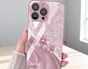 Elegante custodia antiurto in vetro temperato per iPhone con motivo floreale rosa