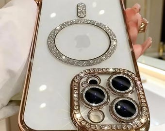 Funda magnética transparente con protección para iPhone y diamantes brillantes