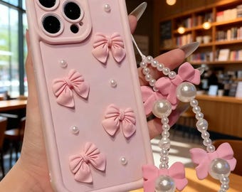 Funda para iPhone con lazo 3D coreano y perla, con cordón y suave cubierta.