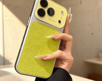 Funda de cuero para iPhone con ventana grande y bloques de color