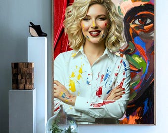 Colorful Woman Portrait Wall Art Modern Abstract Painting Print Bold Decor Digital Download Poster