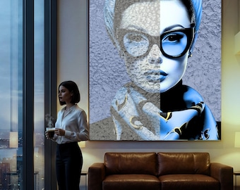 Blauwe vrouwenportretafdruk, modern modegezichtskunstwerk (digitale download)