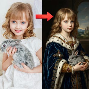 May include: A comparison image depicts a young girl with blonde hair and a grey rabbit, morphing into a portrait of the same girl in royal clothing, also holding a rabbit. The portrait shows a blue velvet robe with fur trim and a castle background.