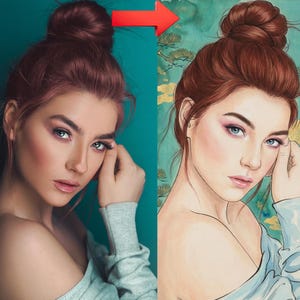 May include: A side-by-side comparison of a photograph and a digital illustration of a woman with red hair in a bun. The photograph shows the woman in a gray sweater against a teal background. The illustration depicts the woman with a similar pose and style, against a teal and gold background.
