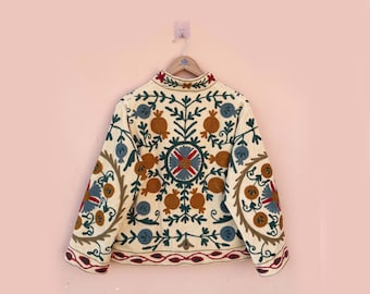 Handmade Suzani Embroidered Velvet Kimono Jacket, Boho Coat