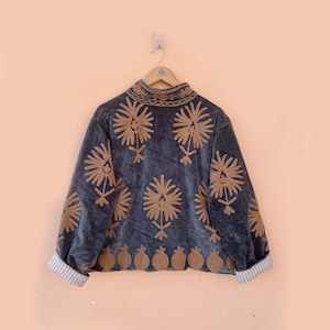 Handmade Suzani Embroidered Velvet Kimono Jacket, Boho Coat