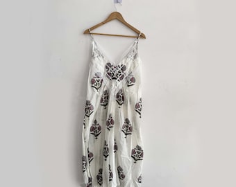 Hand Block Print Organic Cotton Nightgown – Sleeveless Victorian Sleepwear