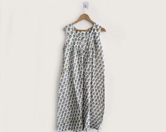 Hand Block Print Cotton Nightgown - Sleeveless Victorian Sleepwear