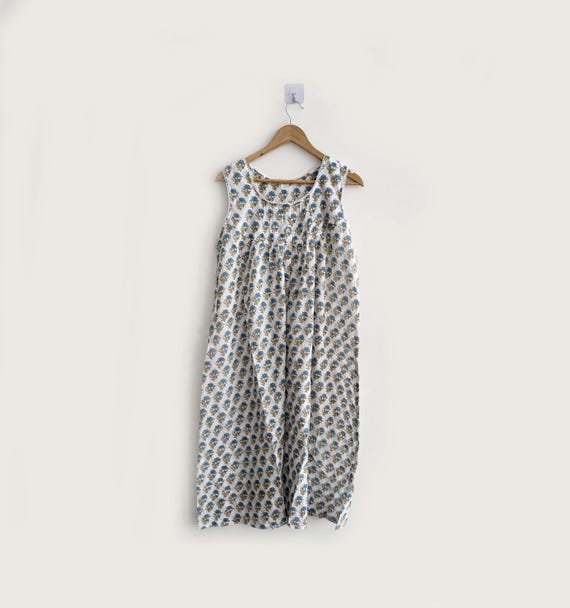 Hand Block Print Cotton Nightgown - Sleeveless Victorian Sleepwear