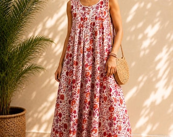 Hand Block Print Cotton Nightgown – Sleeveless Victorian Sleepwear