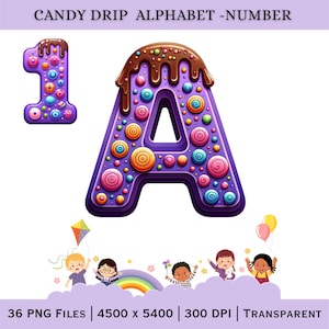 Puede incluir: Ilustración digital caprichosa con la letra "A" y el número "1", con un diseño de goteo de caramelos. La letra y el número son morados con detalles de caramelos coloridos y un goteo de chocolate. La imagen incluye niños, un arcoíris y el texto "CANDY DRIP ALPHABET -NUMBER".