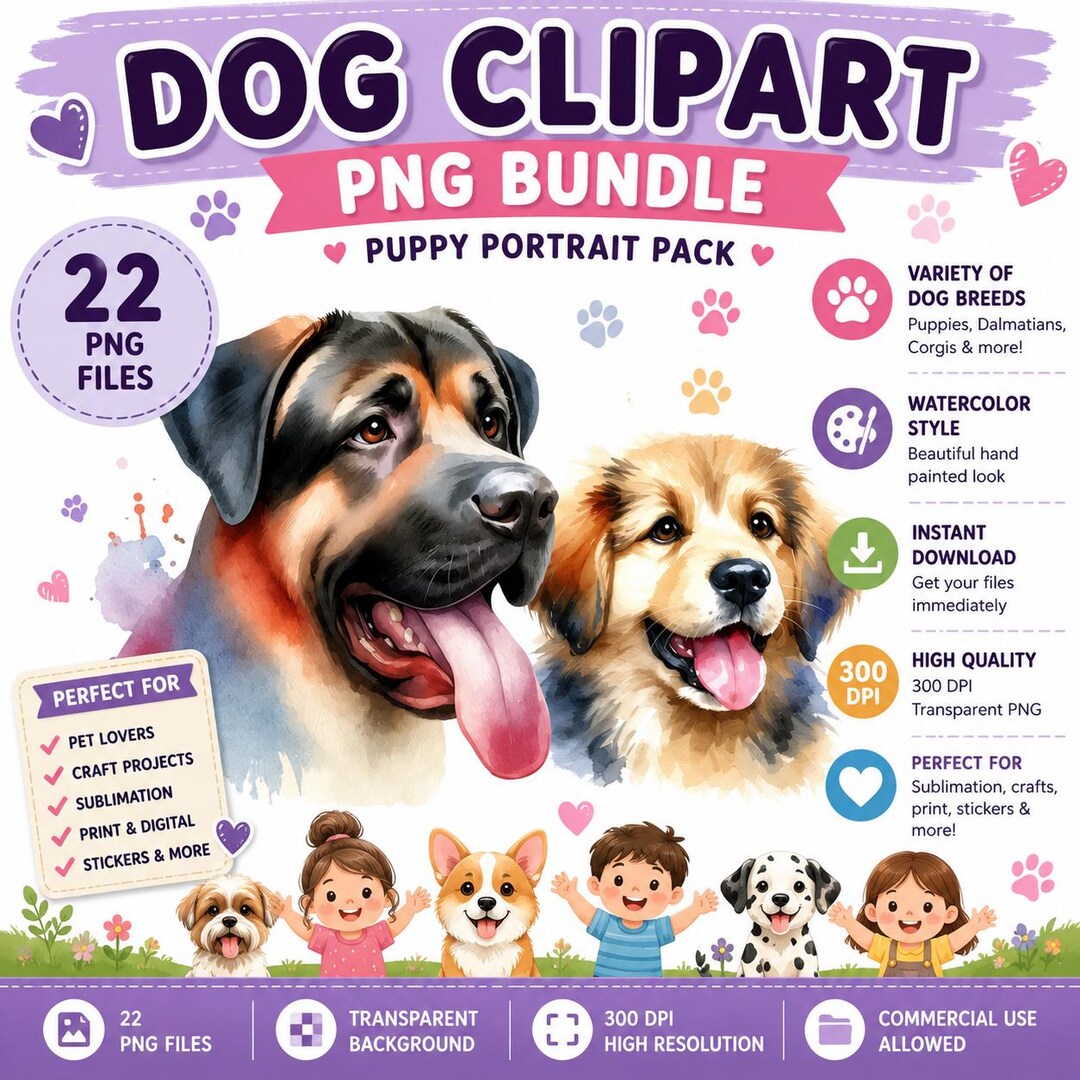 Dog Clipart PNG Bundle | Puppy Portrait Pack | Pet Animal Sublimation ...