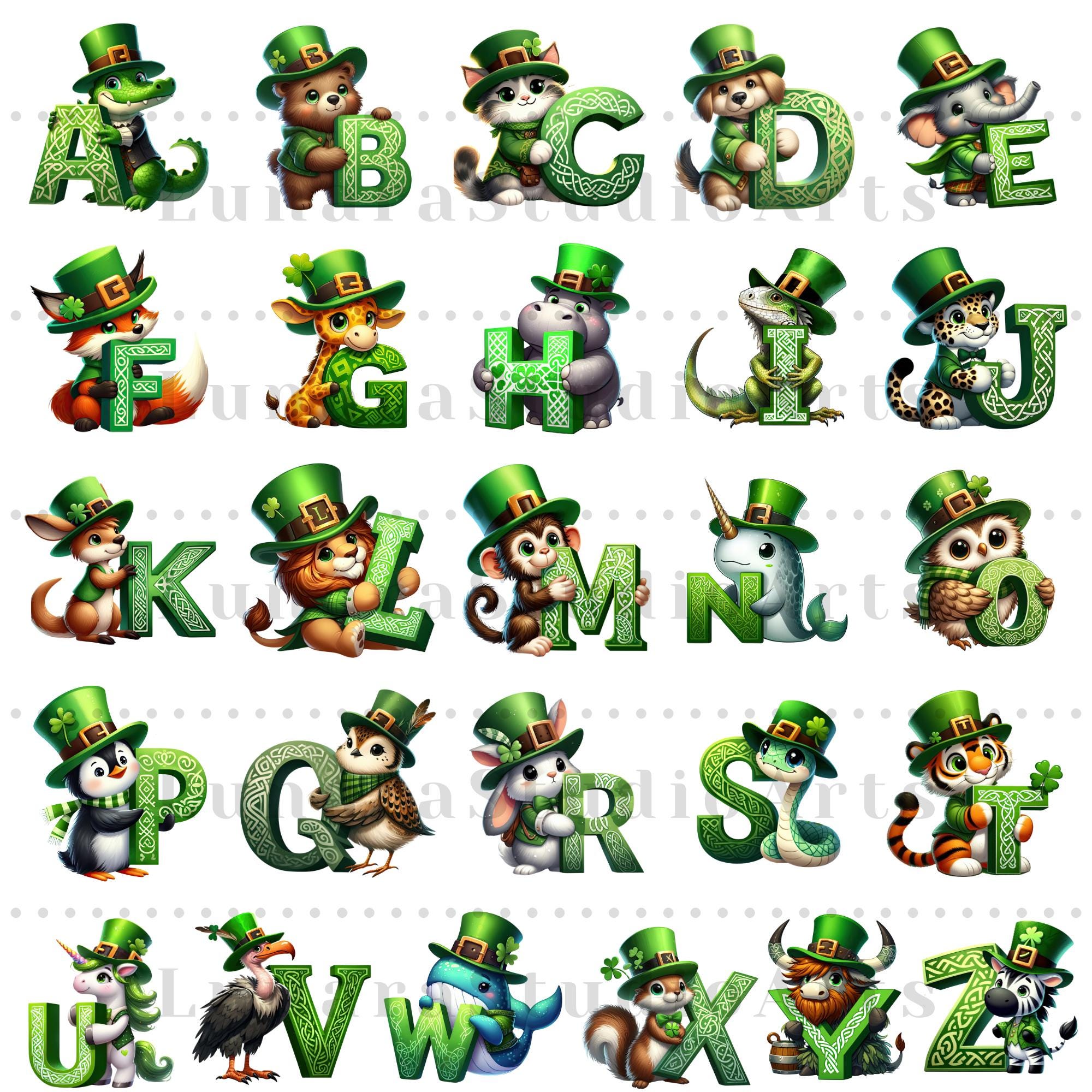St Patricks Animal Alphabet PNG Set | Shamrock Letters, Kids Learning ...