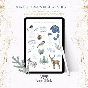 Puede incluir: Pegatinas digitales con temática invernal, mostradas en una tableta. Las pegatinas incluyen un muñeco de nieve, copos de nieve, un pájaro, un ciervo y texto que dice "Hello Winter" y "Let it Snow". Las pegatinas están pintadas a mano.