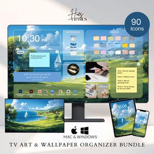 May include: A digital art bundle featuring a desktop monitor, tablet, and smartphone, all displaying a serene landscape with a sailboat. The main screen shows a time of 10:30 PM, with app icons and organizational elements. Includes 90 icons. The text reads "TV Art & Wallpaper Organizer Bundle."
