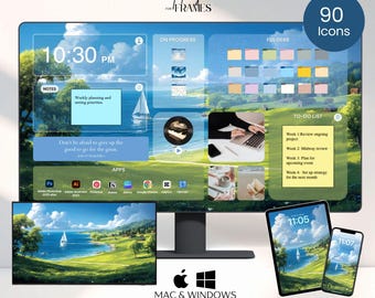 May include: A digital art bundle featuring a desktop monitor, tablet, and smartphone, all displaying a serene landscape with a sailboat. The main screen shows a time of 10:30 PM, with app icons and organizational elements. Includes 90 icons. The text reads "TV Art & Wallpaper Organizer Bundle."