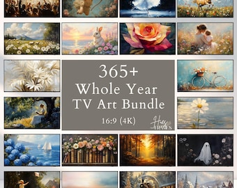 May include: A collection of 16:9 (4K) TV art prints, featuring various landscape and artistic scenes. The bundle includes images of nature, people, and abstract designs. The text "365+ Whole Year TV Art Bundle" is displayed in the center.