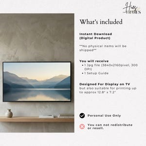 May include: A digital landscape art print displayed on a TV screen. The image shows a serene mountain and lake scene. The text on the right side says "What's included" and "Instant Download (Digital Product)".