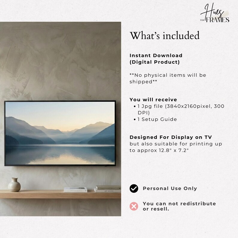 May include: A digital landscape art print displayed on a TV screen. The image shows a serene mountain and lake scene. The text on the right side says "What's included" and "Instant Download (Digital Product)".