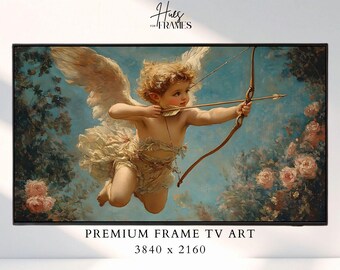 May include: A framed print of a classical painting featuring a cherubic angel with wings, aiming a bow and arrow. The artwork is set against a backdrop of a blue sky and floral elements. The text "Hues for Frames" and "PREMIUM FRAME TV ART" are visible.