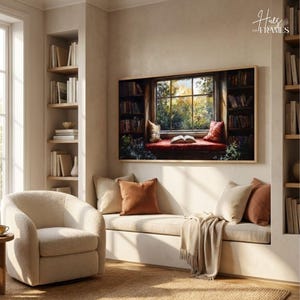Cozy Reading Nook Samsung Frame TV Art | Dark Academia Library Oil Painting | Vintage Bookshelf Window | Book Lover Home Decor Gift | 4K