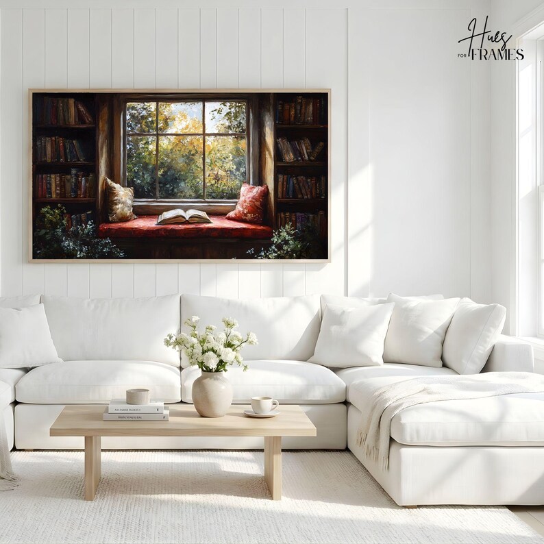 Cozy Reading Nook Samsung Frame TV Art | Dark Academia Library Oil Painting | Vintage Bookshelf Window | Book Lover Home Decor Gift | 4K
