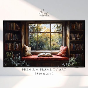 Cozy Reading Nook Samsung Frame TV Art | Dark Academia Library Oil Painting | Vintage Bookshelf Window | Book Lover Home Decor Gift | 4K