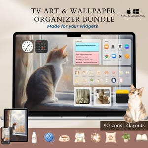 May include: A digital bundle featuring TV art and wallpaper organizers for Mac and Windows. The display shows a cat looking out a window, a to-do list, app icons, and folders. Includes 90 icons and 2 layouts, with additional cat-themed icons.