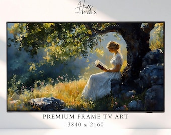 May include: A framed digital art print depicts a woman in a white dress reading a book under a tree. The artwork features a serene outdoor scene with soft lighting and the text "Hues for Frames" and "PREMIUM FRAME TV ART 3840 x 2160".