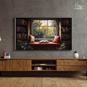 Cozy Reading Nook Samsung Frame TV Art | Dark Academia Library Oil Painting | Vintage Bookshelf Window | Book Lover Home Decor Gift | 4K