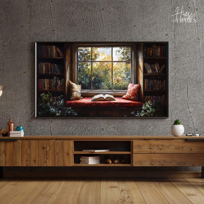 Cozy Reading Nook Samsung Frame TV Art | Dark Academia Library Oil Painting | Vintage Bookshelf Window | Book Lover Home Decor Gift | 4K