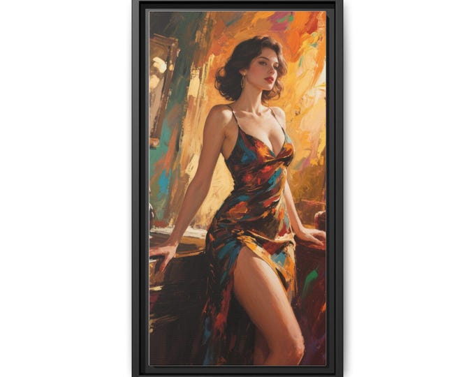 Elegant Evening Dress Woman Painting Matte Canvas Framed | Figurative Art Wall Decor