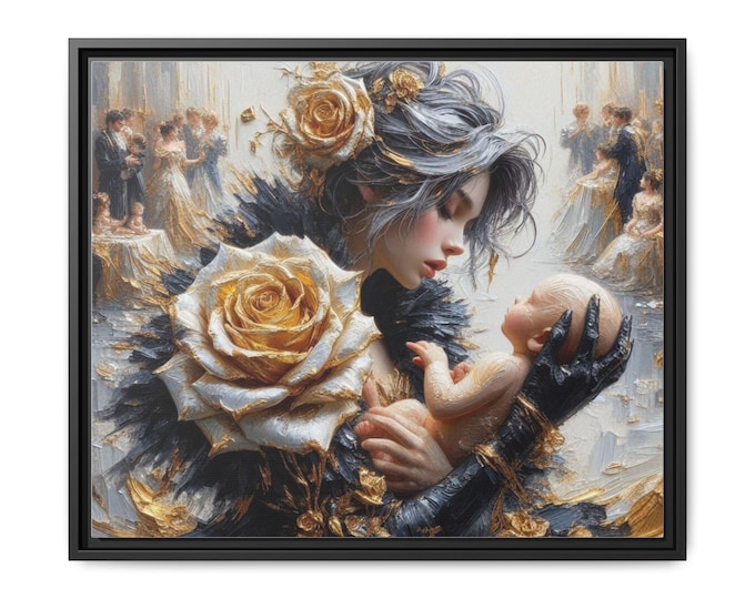 Mother and Child Artwork Matte Canvas Framed | Floral Portrait Wall Art