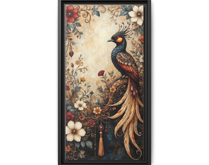 Ornate Floral Peacock Matte Canvas Framed | Wall Art