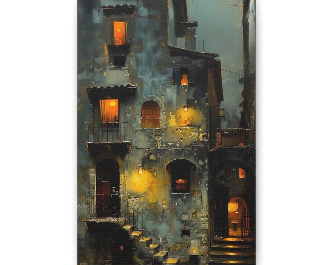 Cozy Old Town Nightscape Classic Canvas | Atmospheric Urban Building Wall Art