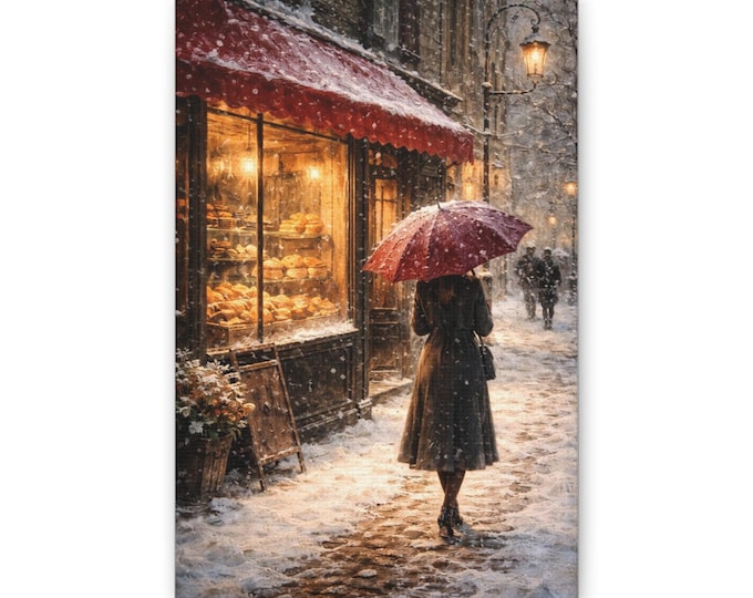 Woman with Red Umbrella Snowy Street Canvas | Winter Cityscape Wall Art
