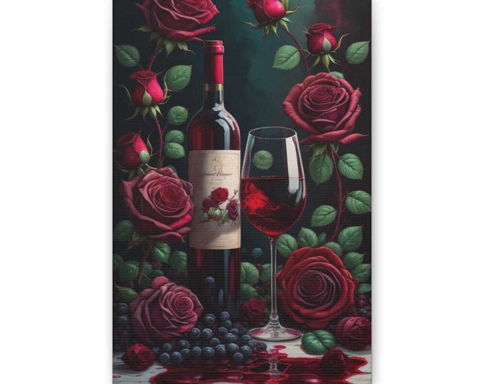 Wine Bottle and Glass with Red Roses Canvas Print | Floral Still Life Wall Art