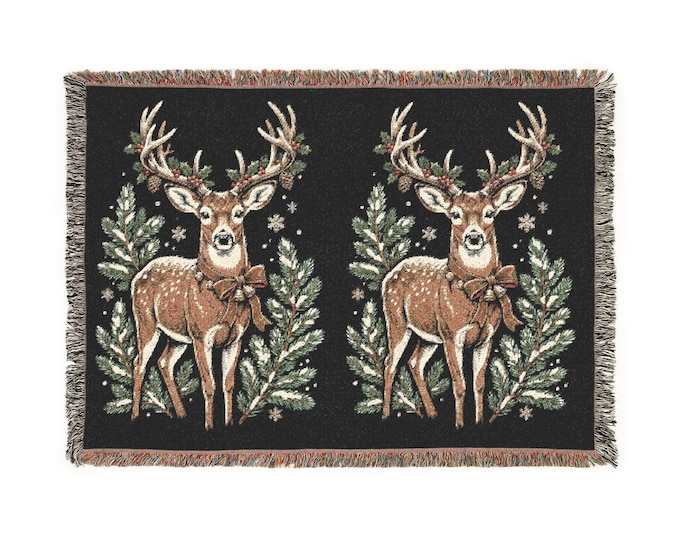 Christmas Reindeer Woven Blanket | Holiday Deer Throw, Tapestry Style