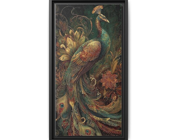 Vintage Peacock Painting Matte Canvas Framed | Ornamental Floral Bird Wall Art
