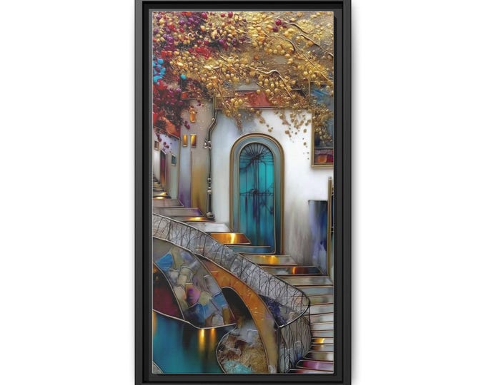 Colorful Mediterranean Doorway Matte Canvas Framed Wall Art | Vertical