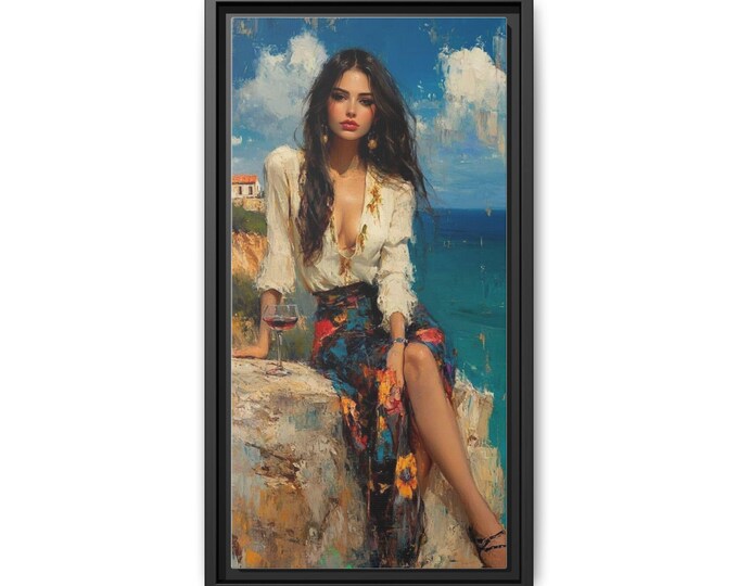 Seaside Portrait Woman Painting Matte Canvas Framed | Coastal Art Print