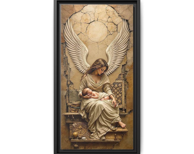 Angel with Child Matte Canvas Framed Wall Art | Religious Angel Nursery Print