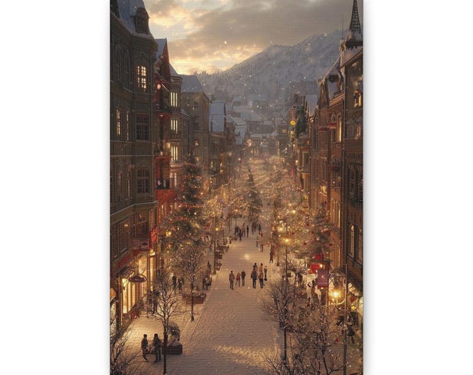 Snowy European Street Scene Canvas | Winter Village Wall Art