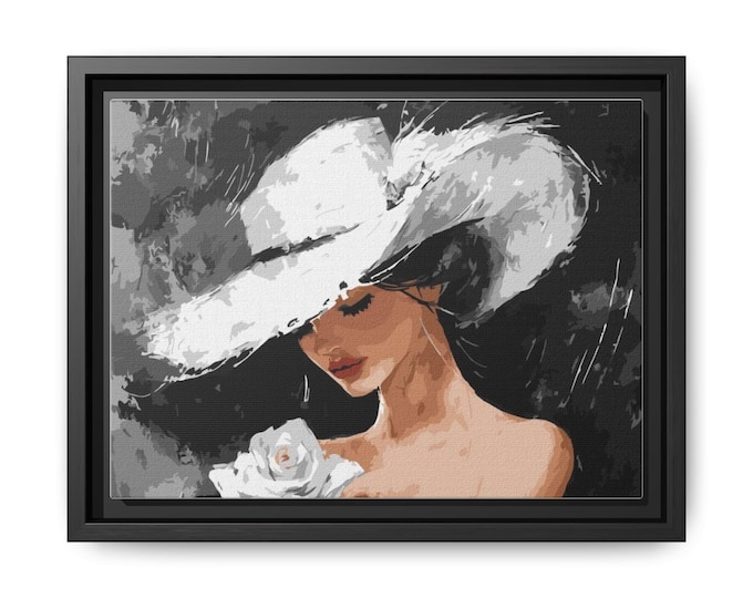 Elegant Woman in White Hat Matte Canvas Framed | Fashion Portrait Wall Art