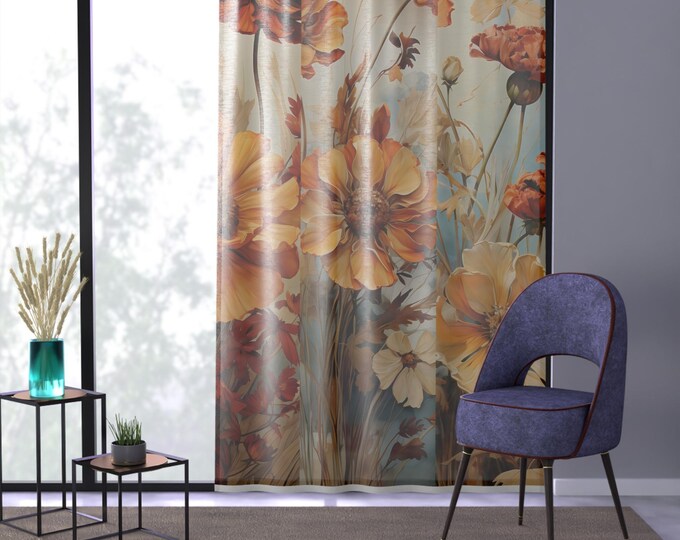 Autumn Floral Window Curtain | Warm Orange Poppy Sheer Panel