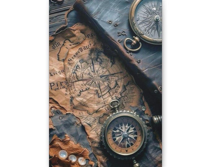 Vintage Compass Map Canvas | Nautical Wall Art, Rustic Adventure Decor
