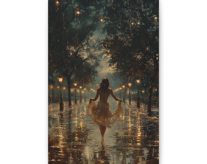 Woman Dancing in Rain Canvas | Romantic Night Street Scene